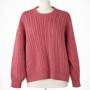 Vintage Handmade Y2K Chunky Cable Knit Sweater Size M Pink Cottagecore Fisherman